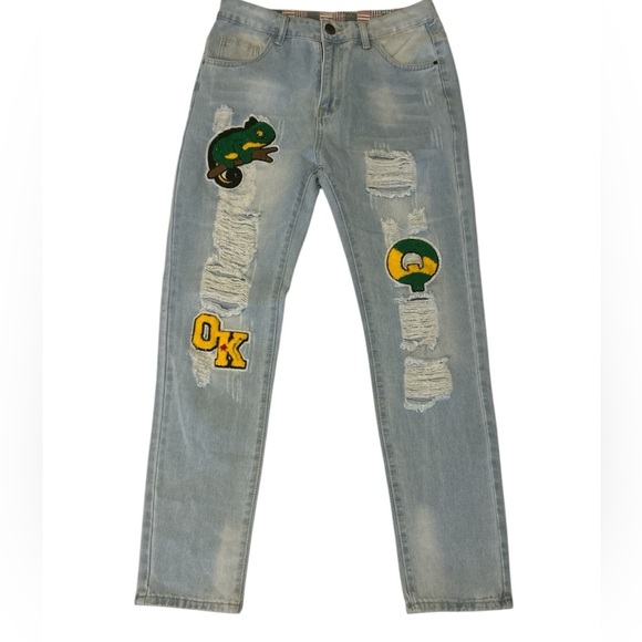 Cartoon and Patches Men's Jeans with a Hip Hop 90's Theme, Size 32 Waist. - Picture 1 of 5